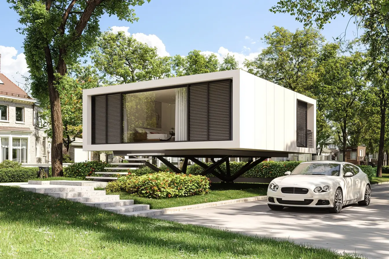 Casa pré-fabricada contemporânea de cobertura plana com grandes vãos envidraçados