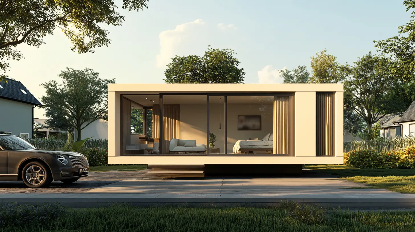 Casa pré-fabricada com grande vão envidraçado sobre o jardim
