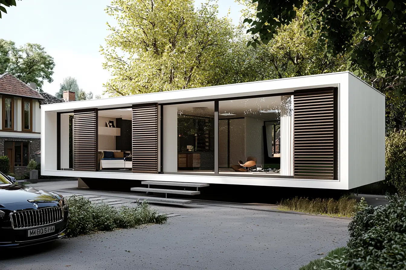 Volume de casa modular contemporânea ao final da tarde