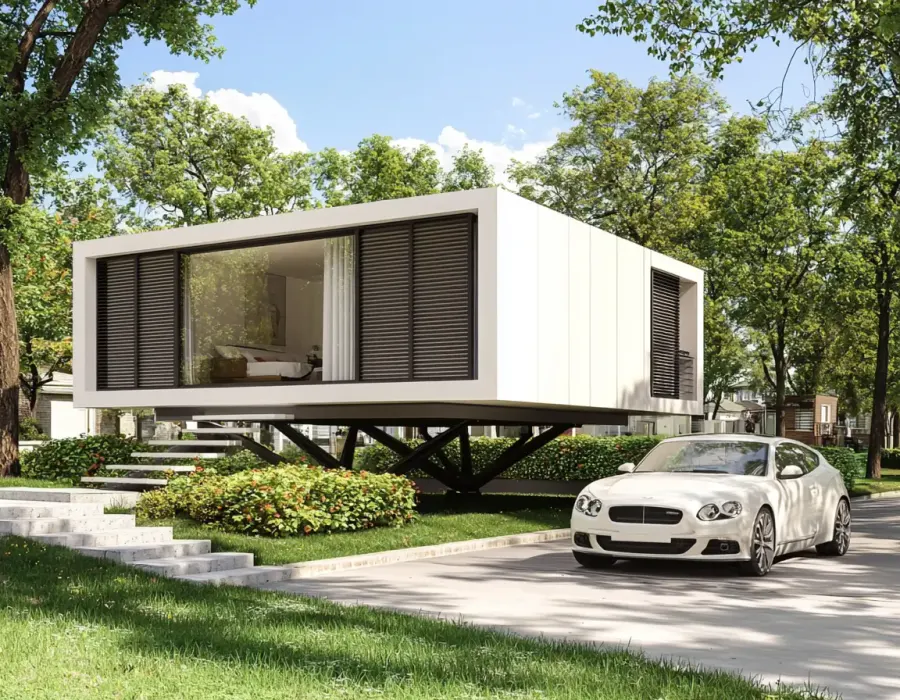 Módulo pré-fabricado contemporâneo num jardim