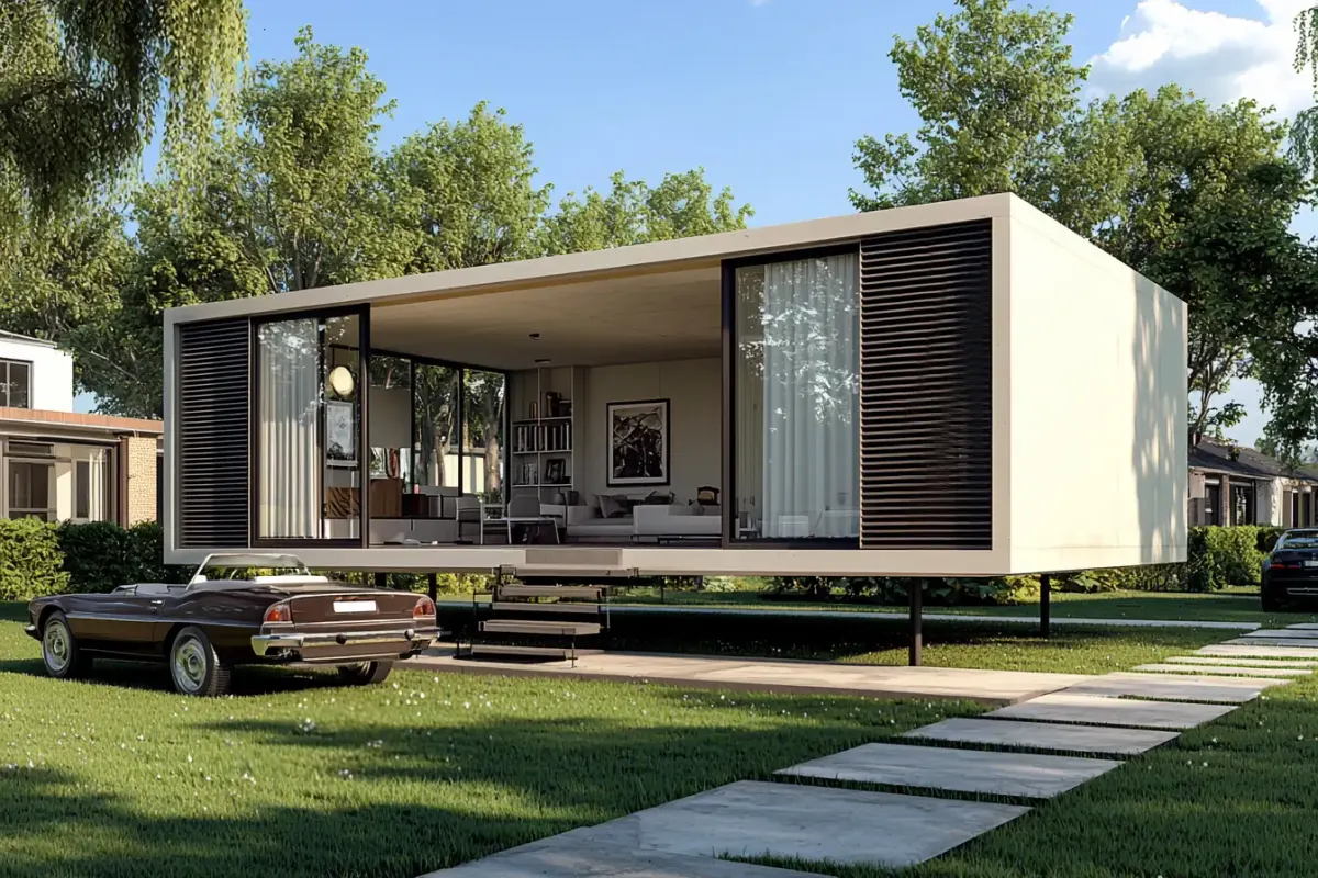 Casa pré-fabricada contemporânea com grandes vãos envidraçados